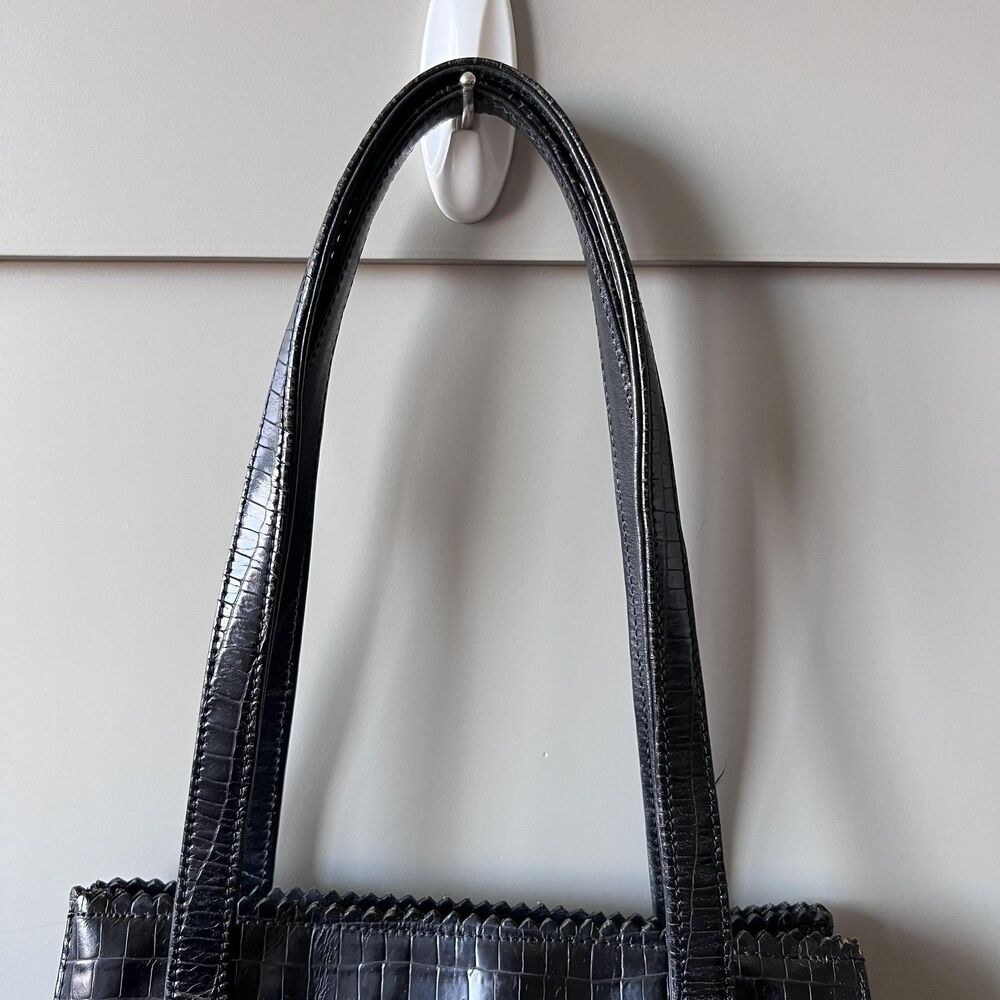 Donald J Pliner Bag Womens Medium Black Croc Embossed Leather Shoulder Tote USA - Picture 7 of 16